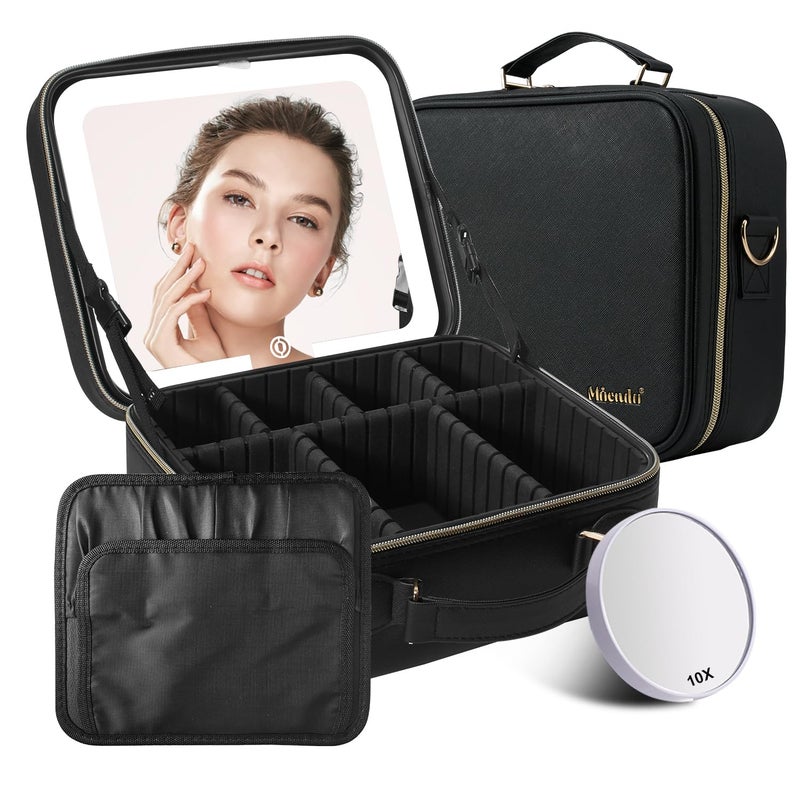 Mocado Travel Makeup Bag with LED Lighted MirrorTravel Makeup OrganizerMakeup Case with 3 Color Lighted Setting and 10x Magnifying MirrorPortable Storage and Adjustable Dividers Makeup BoxBlack